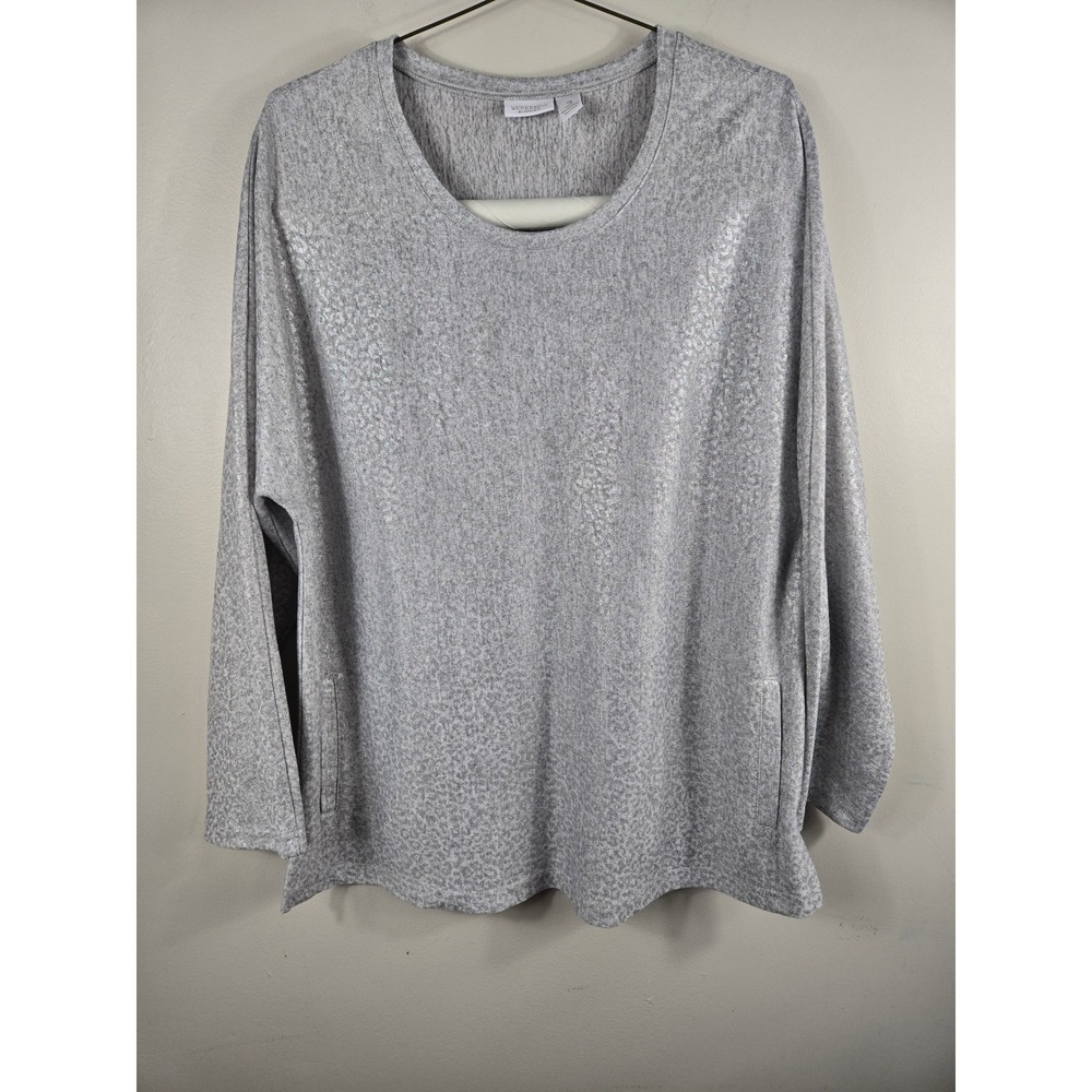 Weekends by Chicos Silver Metallic Animal Print Top Long Sleeve Pocket Gray Sz 3
